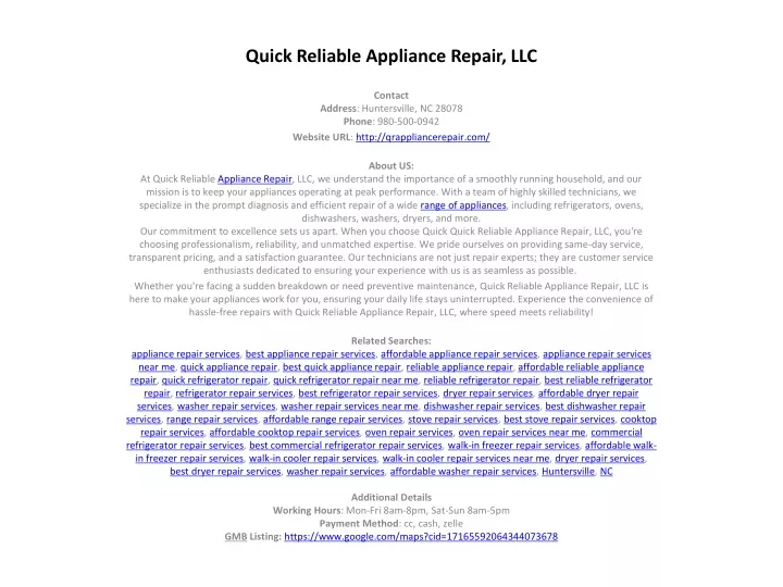 quick reliable appliance repair llc