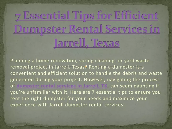 7 essential tips for efficient dumpster rental services in jarrell texas