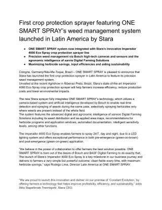 First crop protection sprayer featuring ONE SMART SPRAY’s weed management system launched in Latin America by Stara