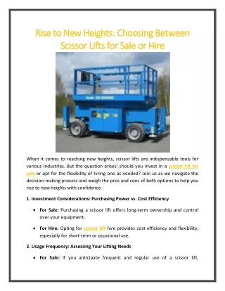 Rise to New Heights Choosing Between Scissor Lifts for Sale or Hire
