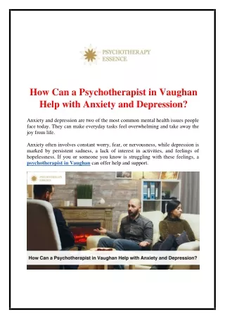 How Can a Psychotherapist in Vaughan Help with Anxiety and Depression