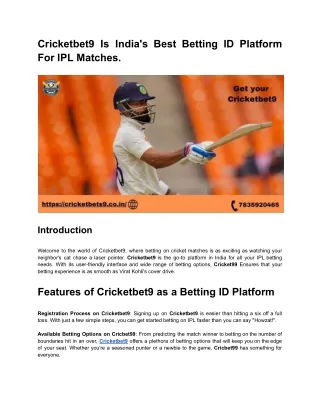Cricketbet9 Is India's Best Betting ID Platform For IPL Matches.