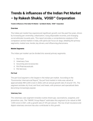 Trends & influences of the Indian Pet Market – by Rakesh Shukla,  VOSD™ Corporation
