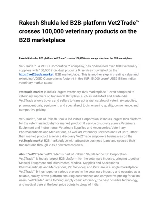 Rakesh Shukla led B2B platform Vet2Trade™ crosses 100,000 veterinary products on the B2B marketplace