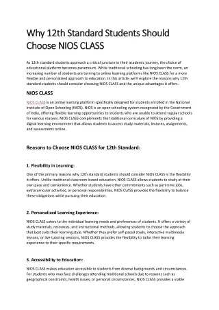 Why 12th Standard Students Should Choose NIOS CLASS