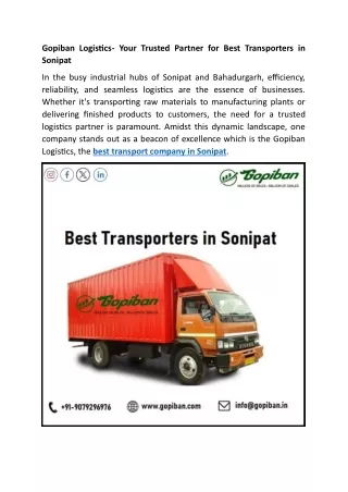 Gopiban Logistics- Your Trusted Partner for Best Transporters in Sonipat