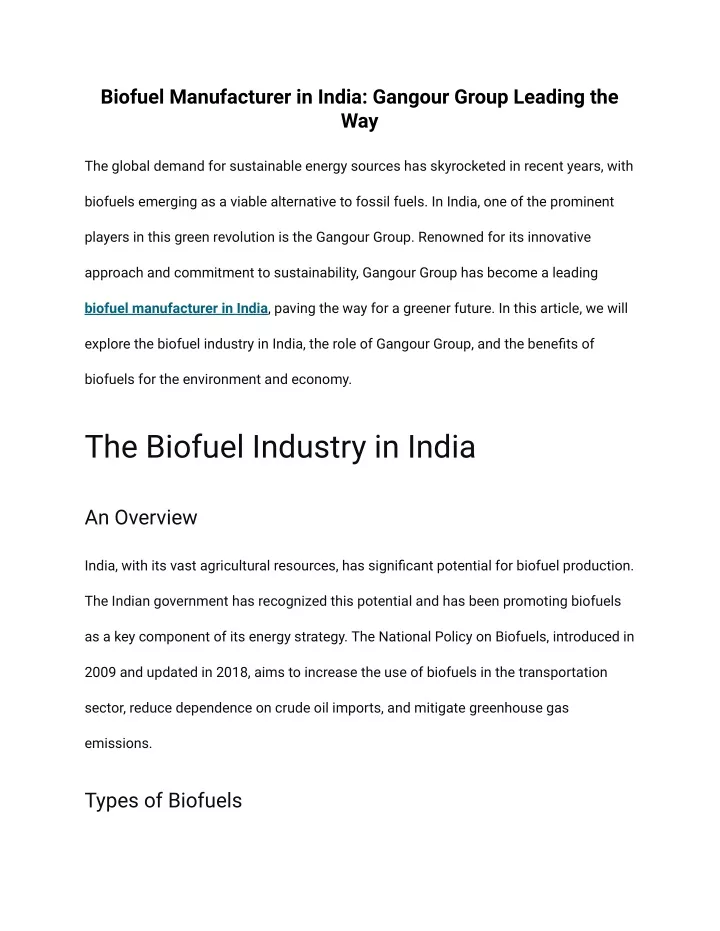 biofuel manufacturer in india gangour group