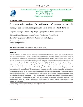 A cost-benefit analysis for utilization of poultry manure in cabbage production among smallholder crop-livestock farmers