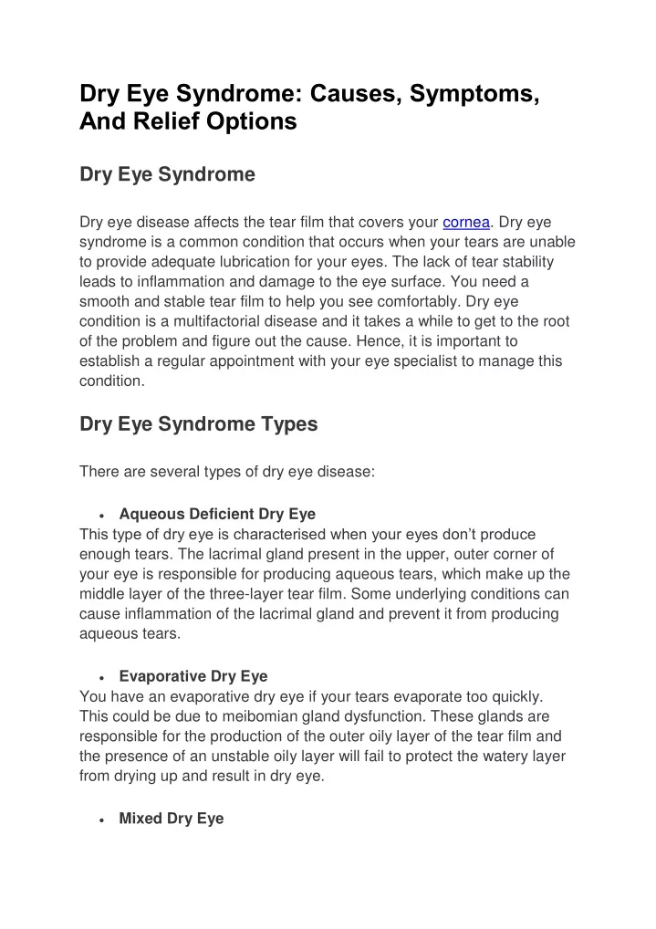 dry eye syndrome causes symptoms and relief
