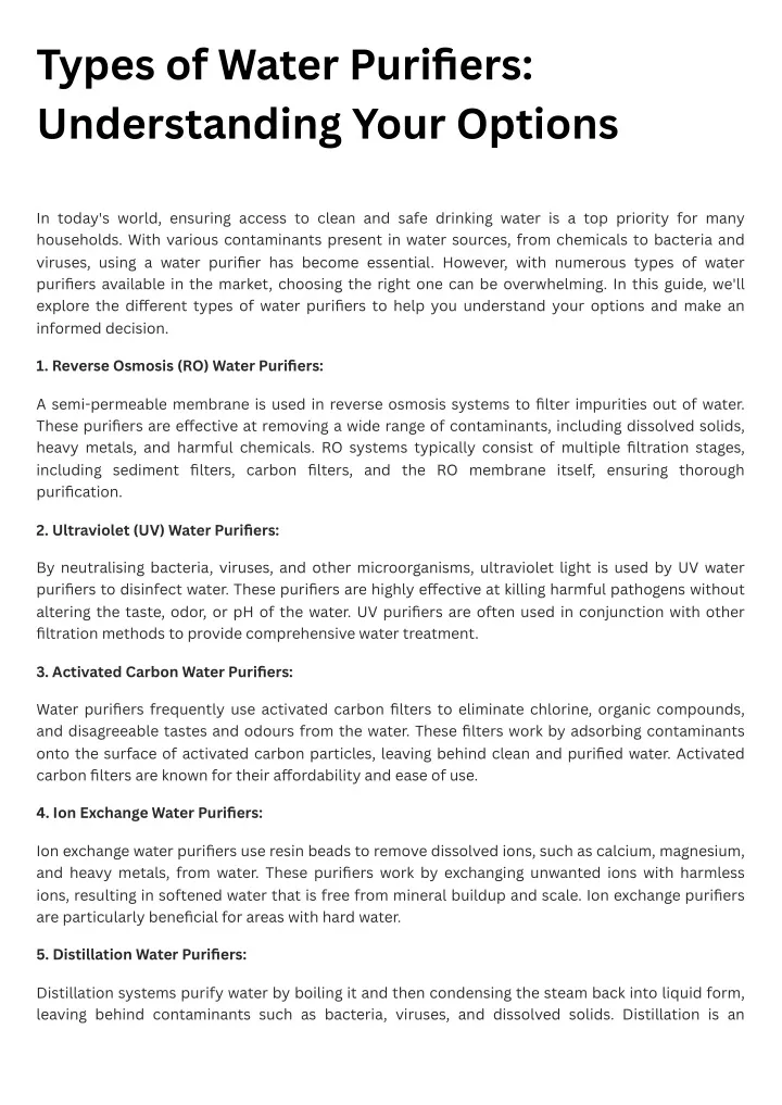 types of water purifiers understanding your