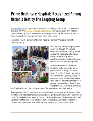 Prime Healthcare Hospitals Recognized Among Nation’s Best by The Leapfrog Group