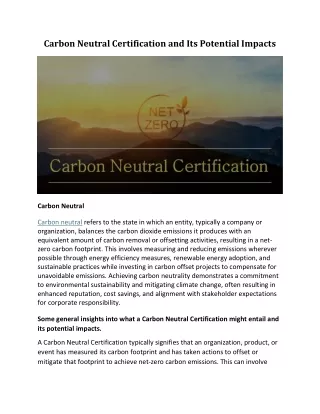 Carbon Neutral Certification and Its Potential Impacts