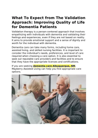 Validation Approach: Improving Quality of Life for Dementia Patients