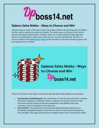 Dpboss Satta Matka – Ways to Choose and Win