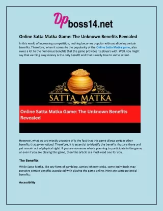 Online Satta Matka Game and The Unknown Benefits Revealed