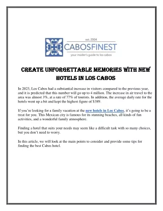 Create Unforgettable Memories with New Hotels in Los Cabos