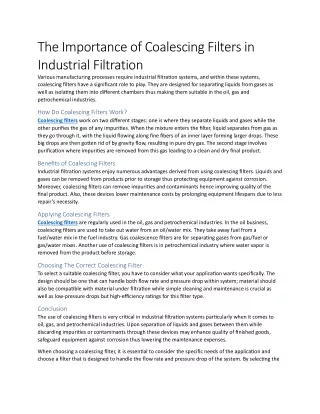 The Importance of Coalescing Filters in Industrial Filtration