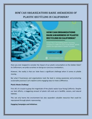How can organizations raise awareness of plastic recycling in California