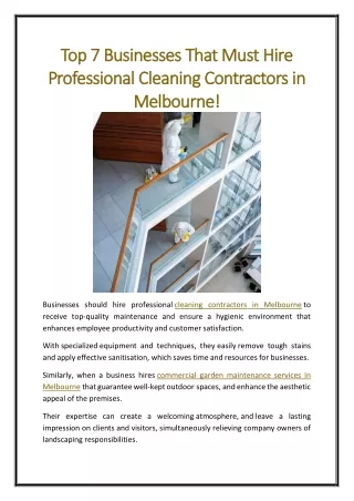 Top 7 Businesses That Must Hire Professional Cleaning Contractors in Melbourne