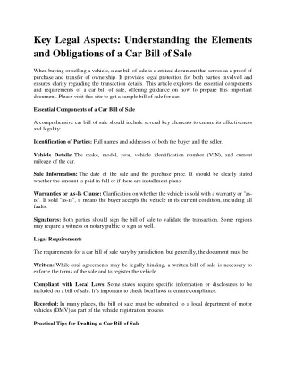 Key Legal Aspects: Understanding the Elements and Obligations of a Car Bill of Sale