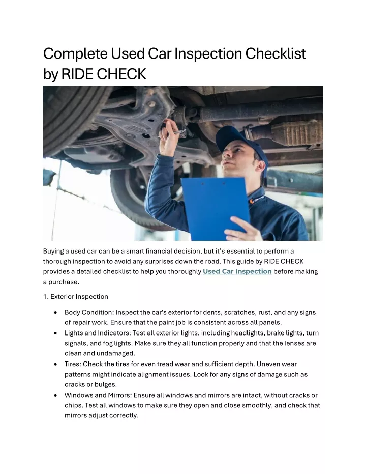 complete used car inspection checklist by ride