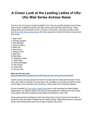 A Closer Look at the Leading Ladies of Ullu: Ullu Web Series Actress Name