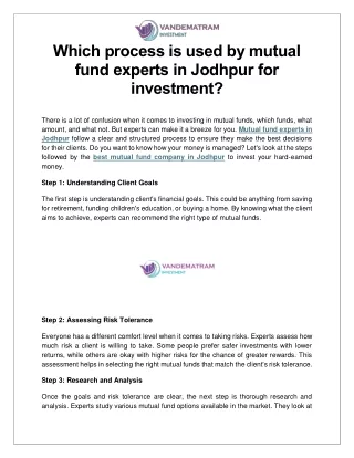 Which process is used by mutual fund experts in Jodhpur for investment