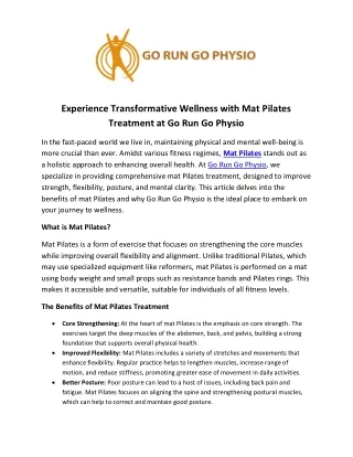 Mat Pilates Treatment at Go Run Go Physio