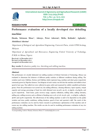 Performance evaluation of a locally developed rice dehulling machine