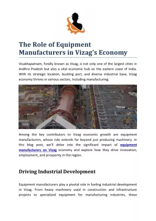 The Role of Equipment Manufacturers in Vizag’s Economy