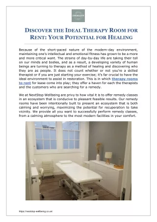 DISCOVER THE IDEAL THERAPY ROOM FOR RENT YOUR POTENTIAL FOR HEALING