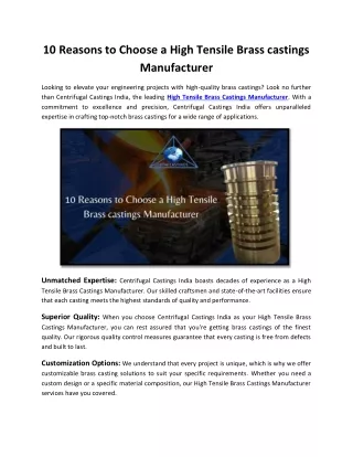 10 Reasons to Choose a High Tensile Brass castings Manufacturer