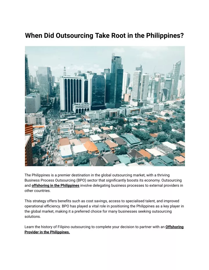 when did outsourcing take root in the philippines