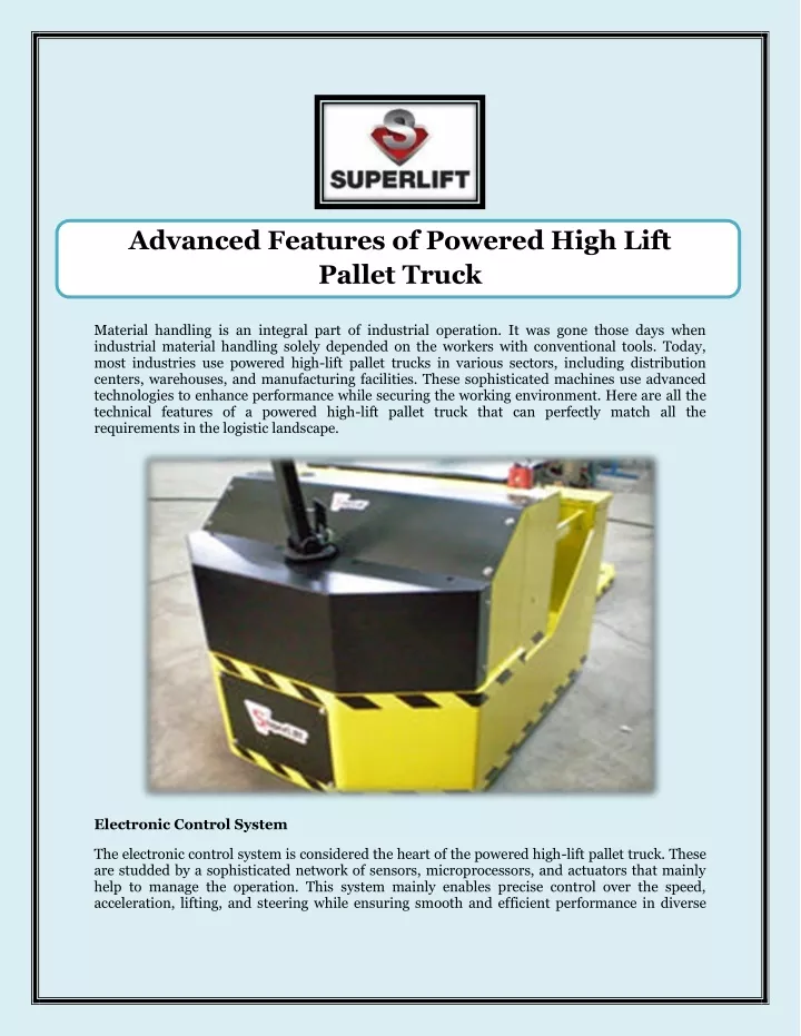 advanced features of powered high lift pallet