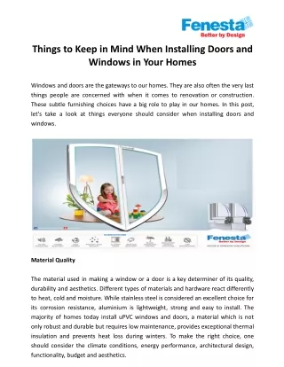 Things to Keep in Mind When Installing Doors and Windows in Your Homes