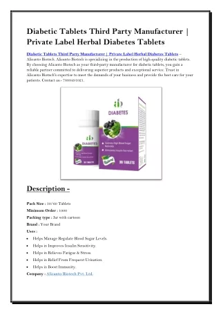 Diabetic Tablets Third Party Manufacturer