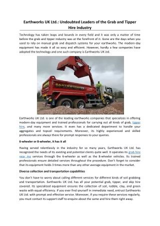 Earthworks UK Ltd. Undoubted Leaders of the Grab and Tipper Hire Industry