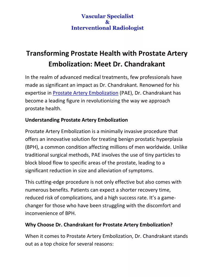 transforming prostate health with prostate artery