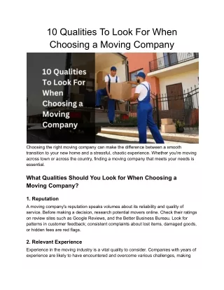 10 Qualities To Look For When Choosing a Moving Company