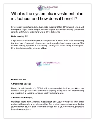 What is the systematic investment plan in Jodhpur and how does it benefit