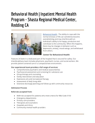 Behavioral Health _ Inpatient Mental Health Program - Shasta Regional Medical Center, Redding CA