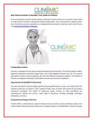 Discover the Best Clinical Institute in Mumbai with Clinomic