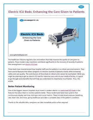 Electric ICU Beds - Enhancing the Care Given to Patients