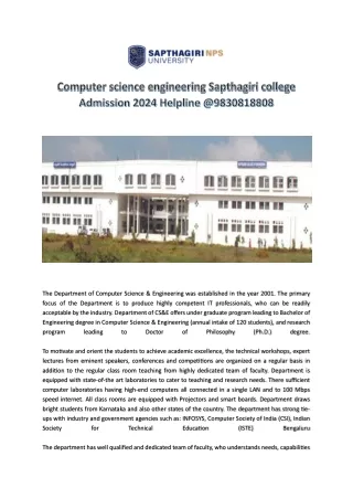 Computer science engineering Sapthagiri college Admission 2024 Helpline @9830818808