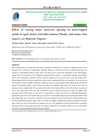 Effect of varying maize intra-row spacing on intercropped yields of egusi melon (Citrullus lunatus Thunb.) and maize (Ze