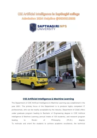 CSE Artificial Intelligence in Sapthagiri college Admission 2024 Helpline @9830818808