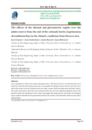 The effects of the thermal and pluviometric regime over the adults reserve from the soil of the colorado beetle (Leptino