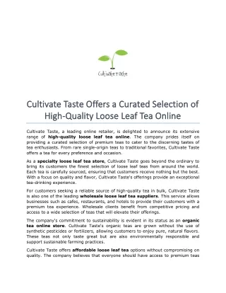 Cultivate Taste Offers a Curated Selection of High-Quality Loose Leaf Tea Online