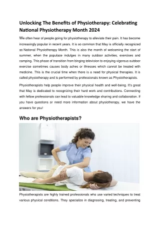 Unlocking The Benefits Of Physiotherapy - Celebrating National Physiotherapy Month 2024