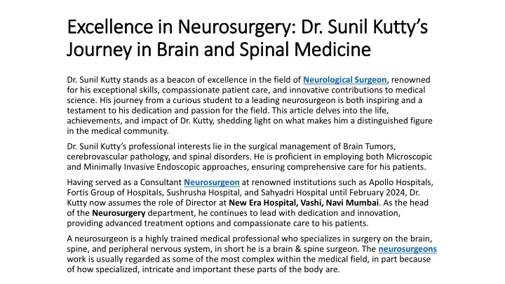 excellence in neurosurgery dr sunil kutty s journey in brain and spinal medicine